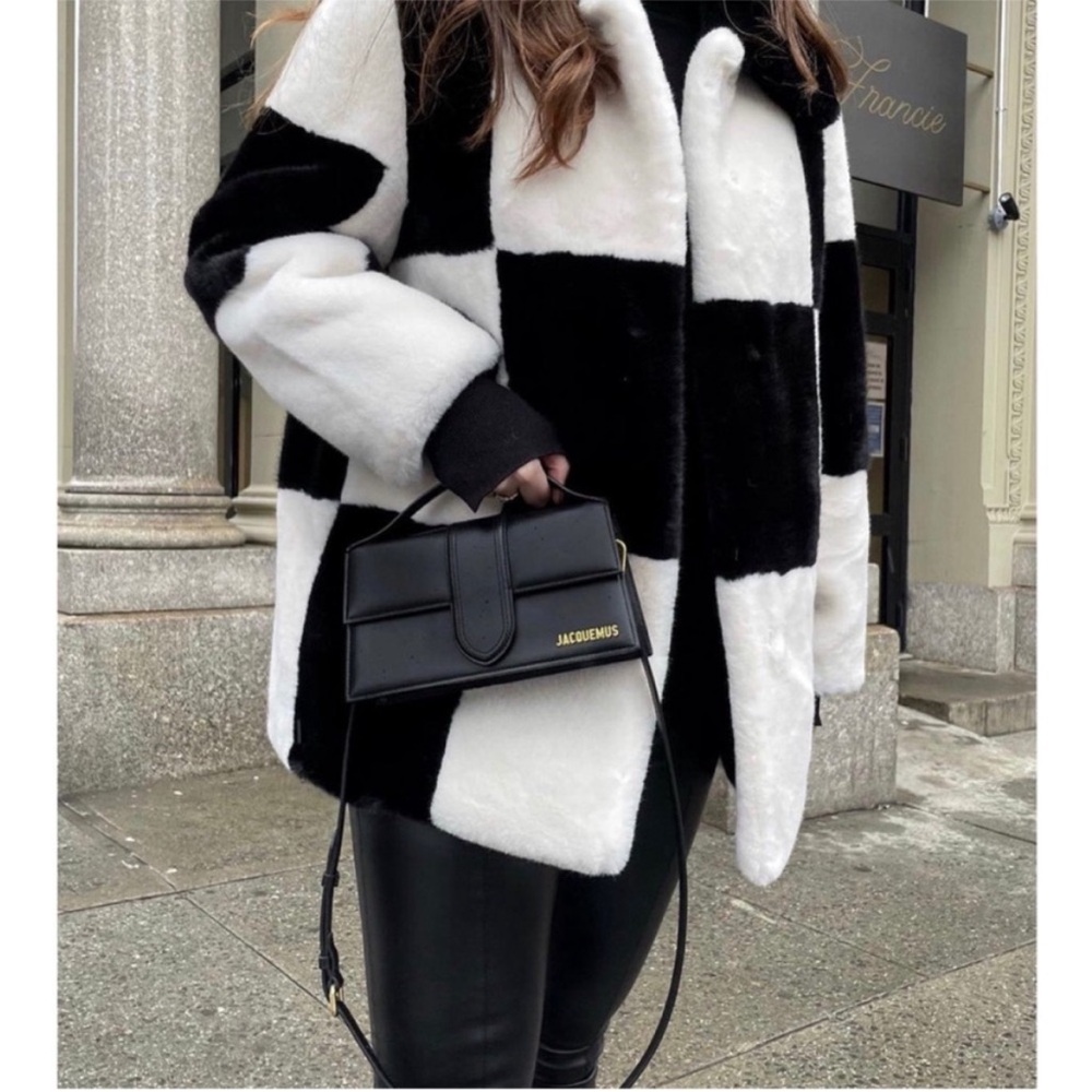 MANGO BLOGGER Black & White Checked Plush Faux Fur Coat Checkered Jacket Coat - Picture 4 of 17